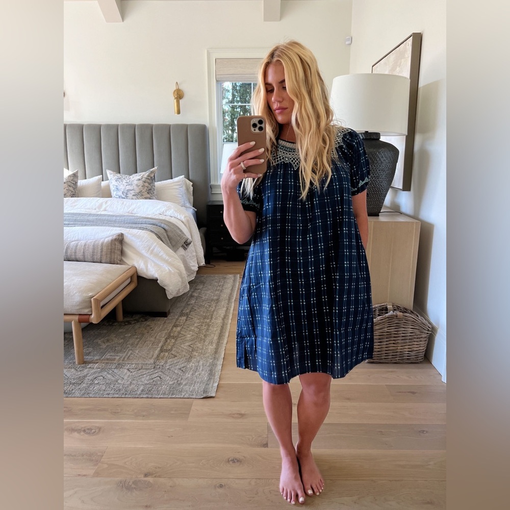 MADEWELL Embroidered Puff-Sleeve Babydoll Dress in Indigo Plaid Size Medium NWT